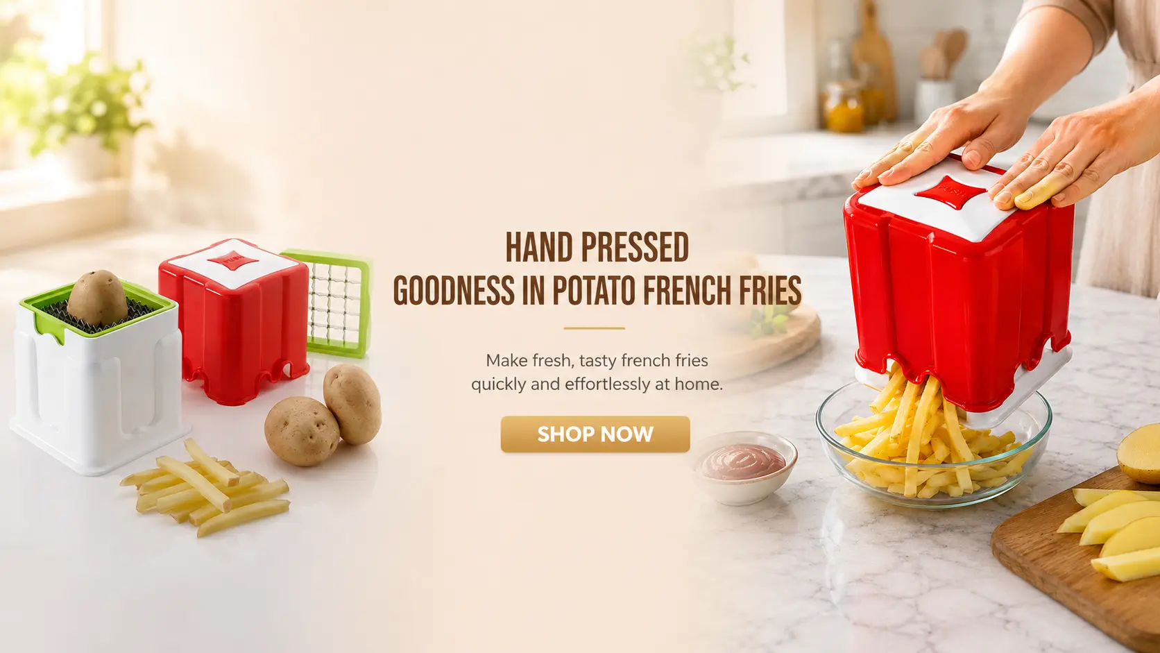 Hand pressed potato fries at home